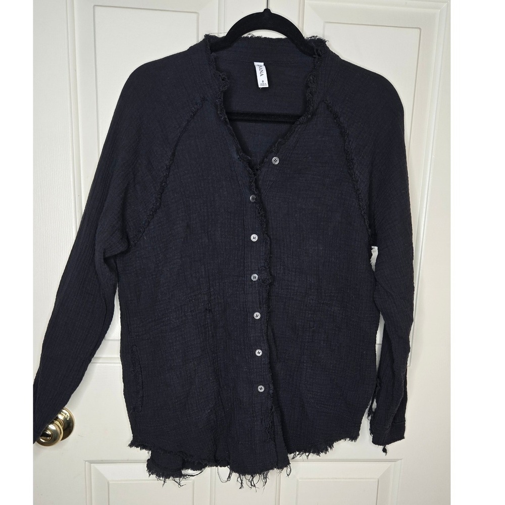 Zenana Black Double Gauze Raw Hem Button Front Shacket Shirt Size Small